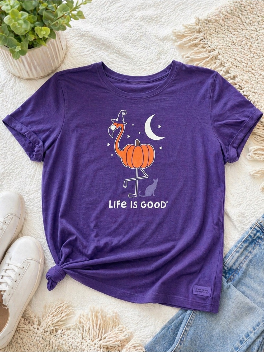 Life Is Good Graphic Tee Large Purple Halloween Flamingo Pumpkin Shirt NWOT - Picture 2 of 5
